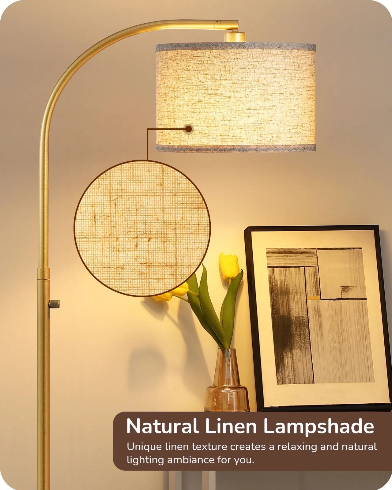 Modern Curved Gold Arc Floor Lamp with Linen Shade