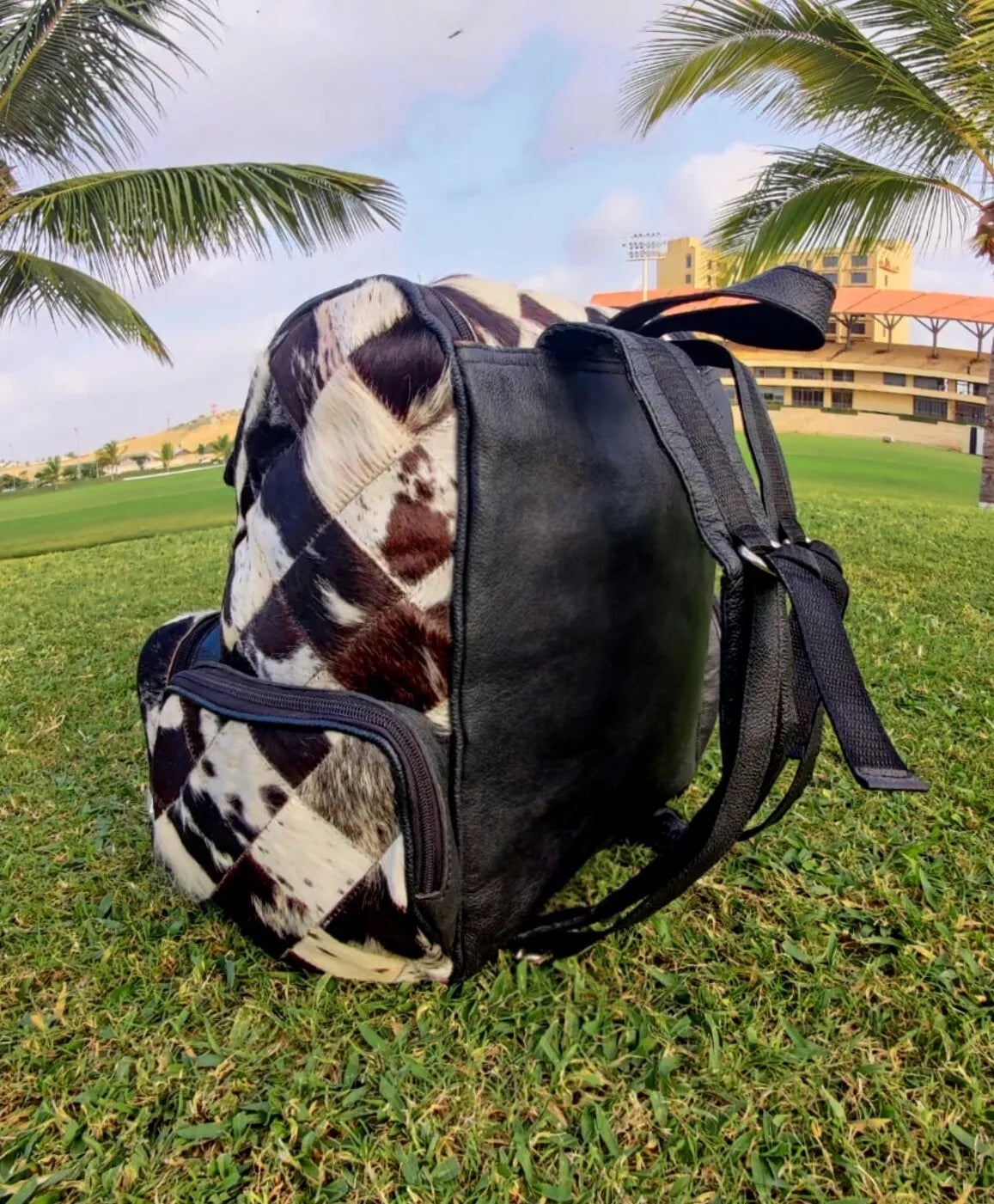 Cowhide Rucksack with Tri-Color Patchwork Fur