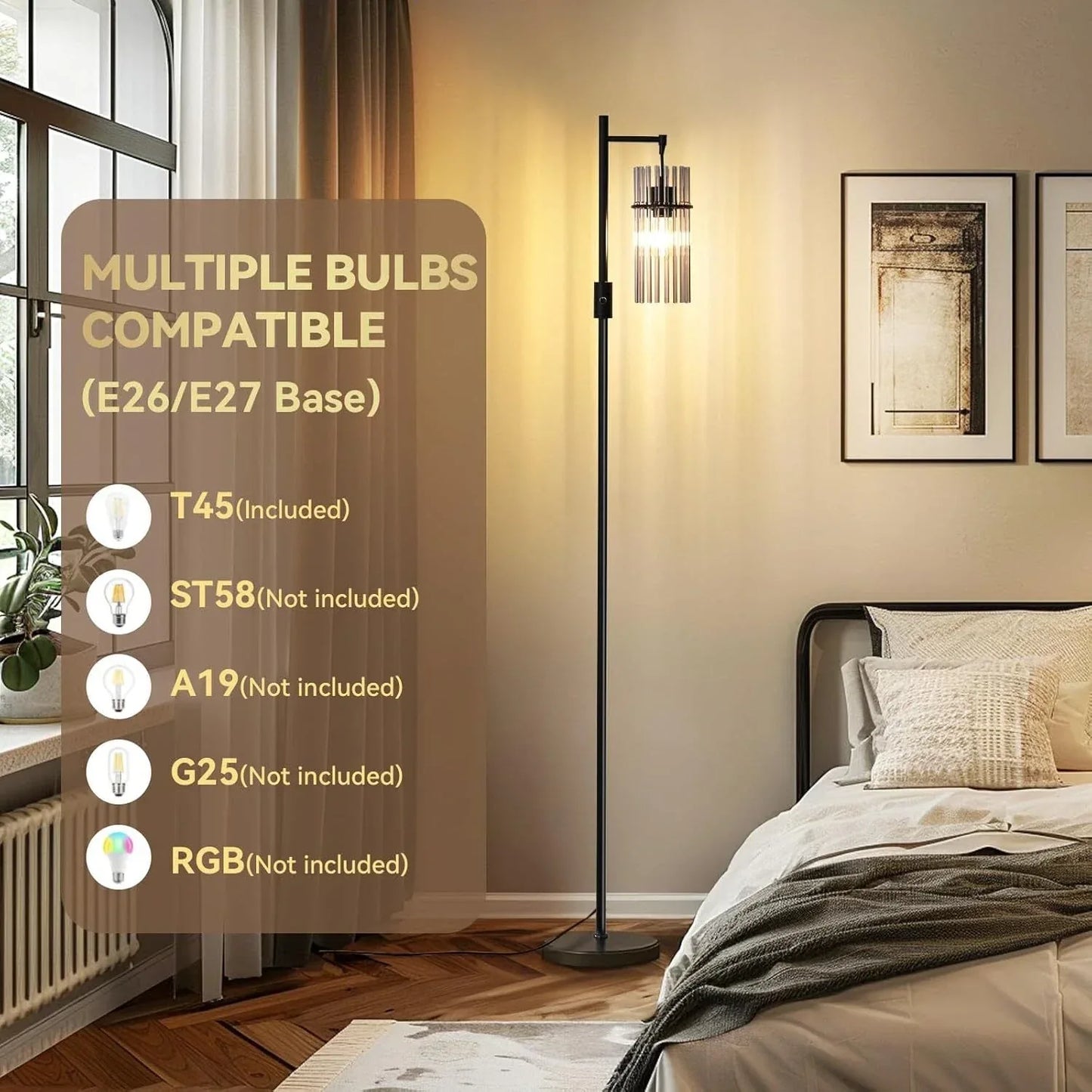 Industrial Style Black Floor Lamp with Dimmable Glass Shade for Living Room