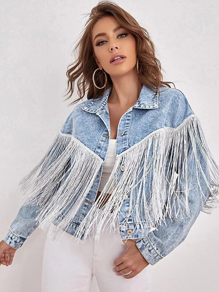 Light Wash Cropped Jean Jacket with Tassel Detail