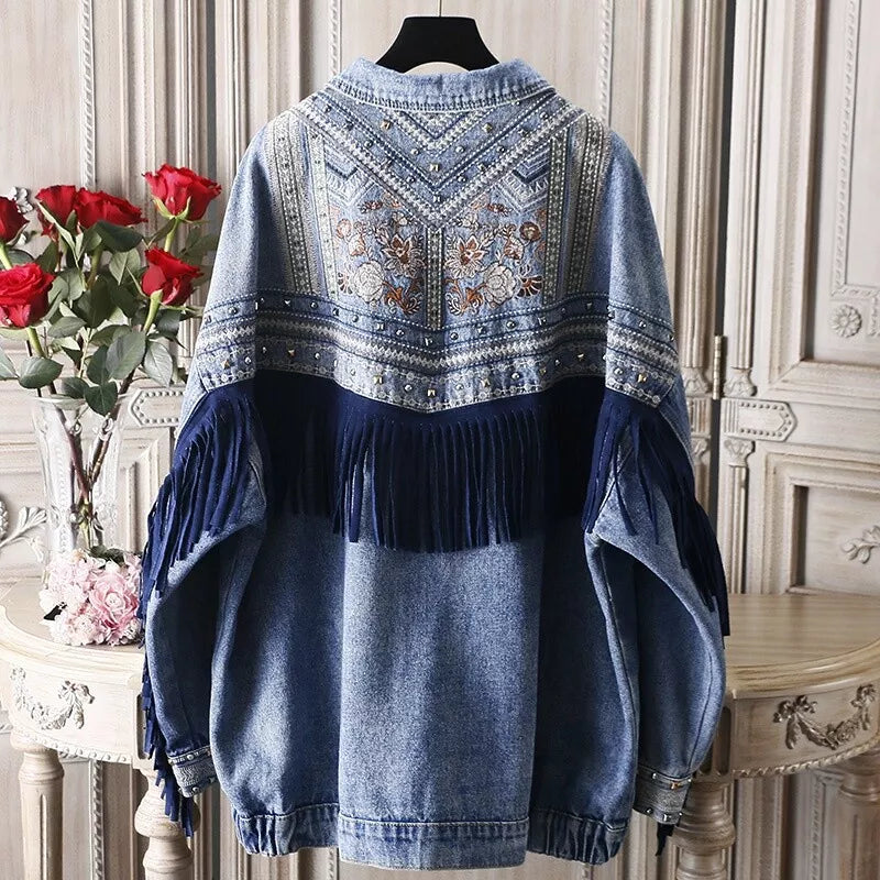 Women Cowgirl Denim Jacket with Fringe Rivets