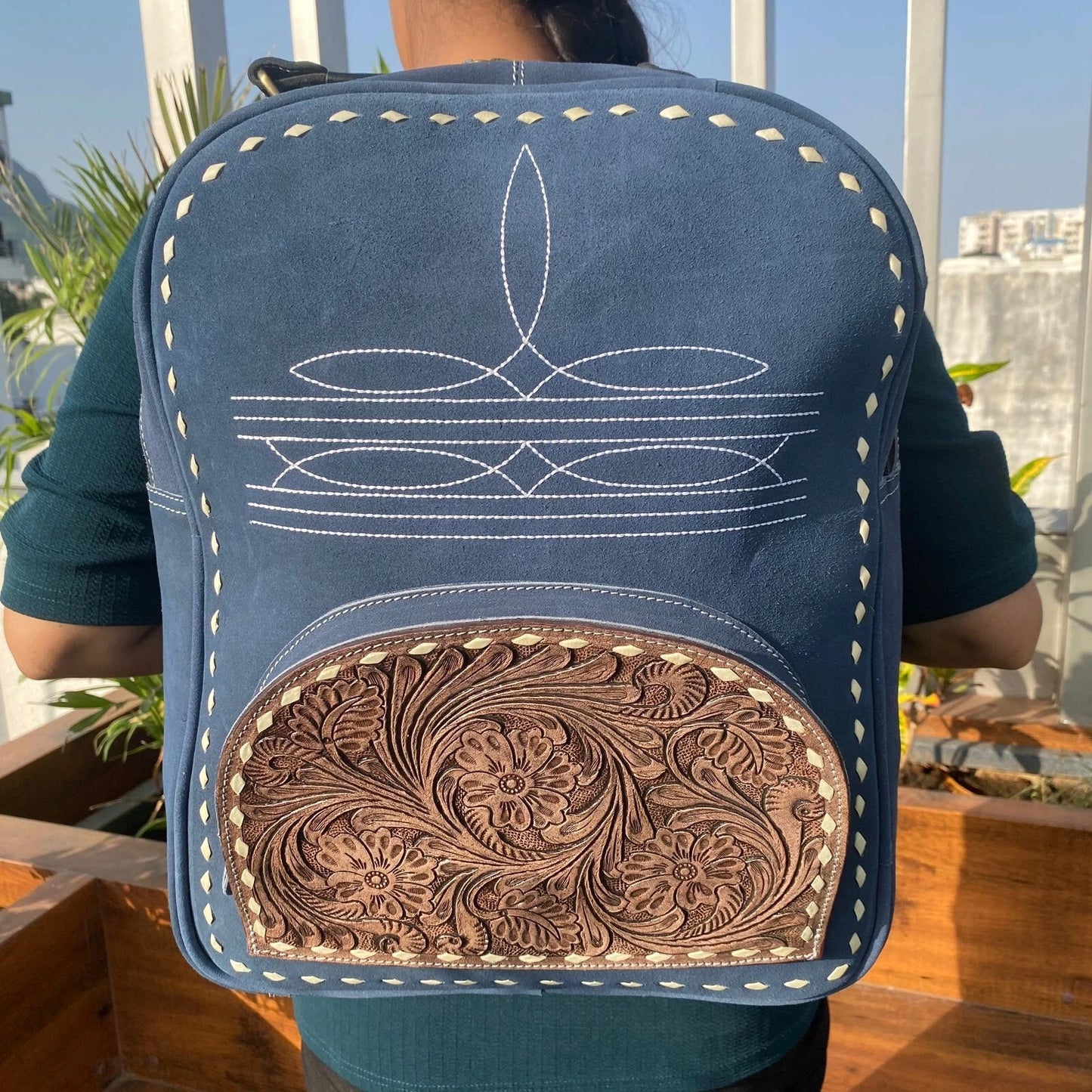 Western Tooled Leather Suede Travel Backpack
