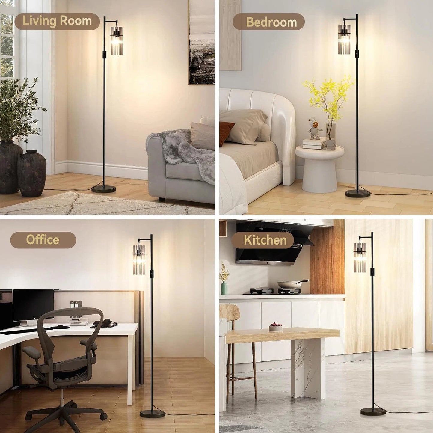 Industrial Style Black Floor Lamp with Dimmable Glass Shade for Living Room