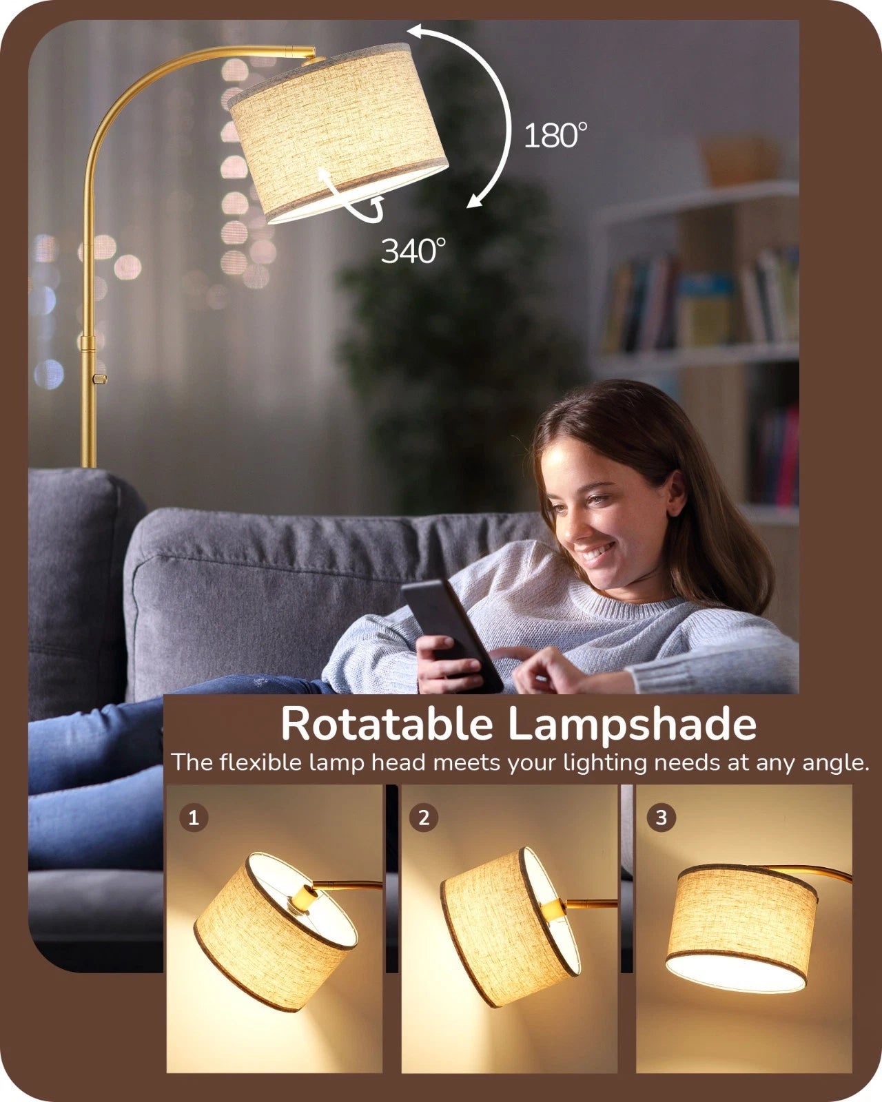 Modern Curved Gold Arc Floor Lamp with Linen Shade