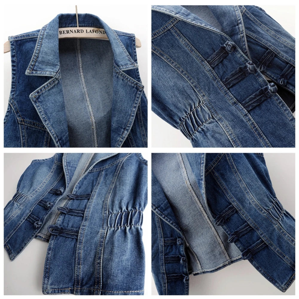 Women’s Knot Button Bluejean Denim Fitted Vest