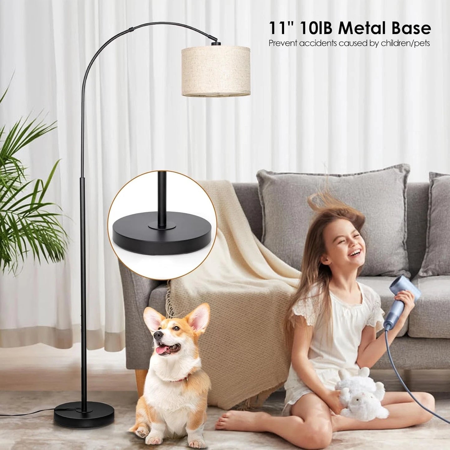 Modern Black Arc Floor Lamp Linen Shade For Living Room