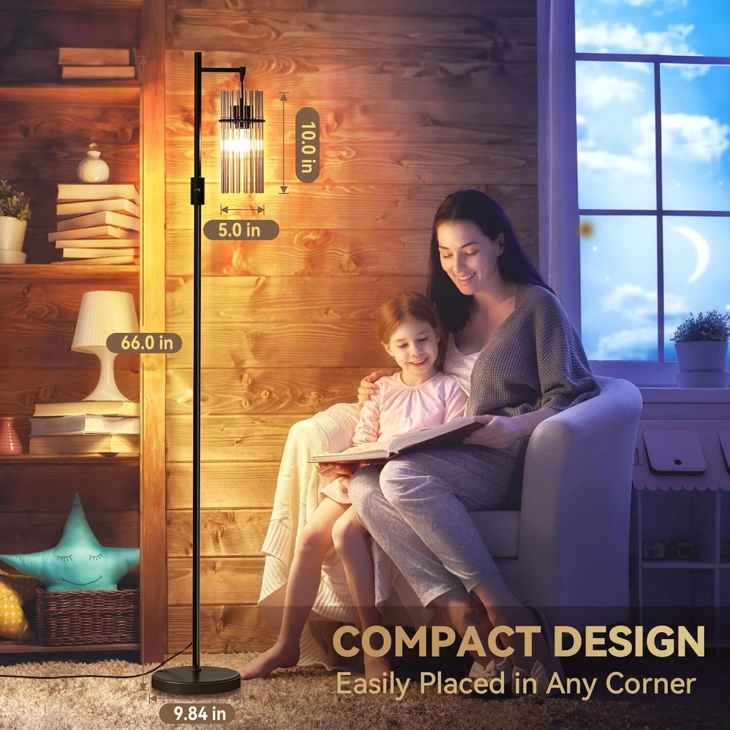 Industrial Style Black Floor Lamp with Dimmable Glass Shade for Living Room