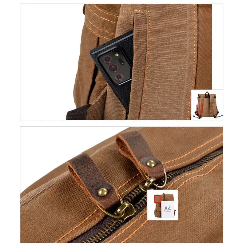 Rugged Men's Canvas Rucksack Backpack with Leather Straps