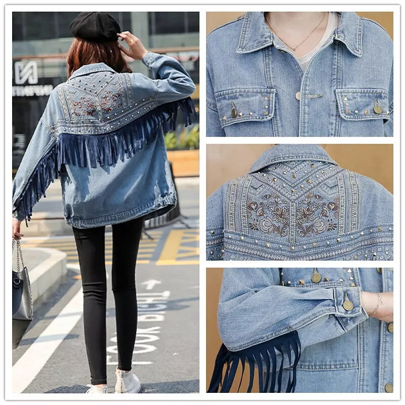 Women Cowgirl Denim Jacket with Fringe Rivets