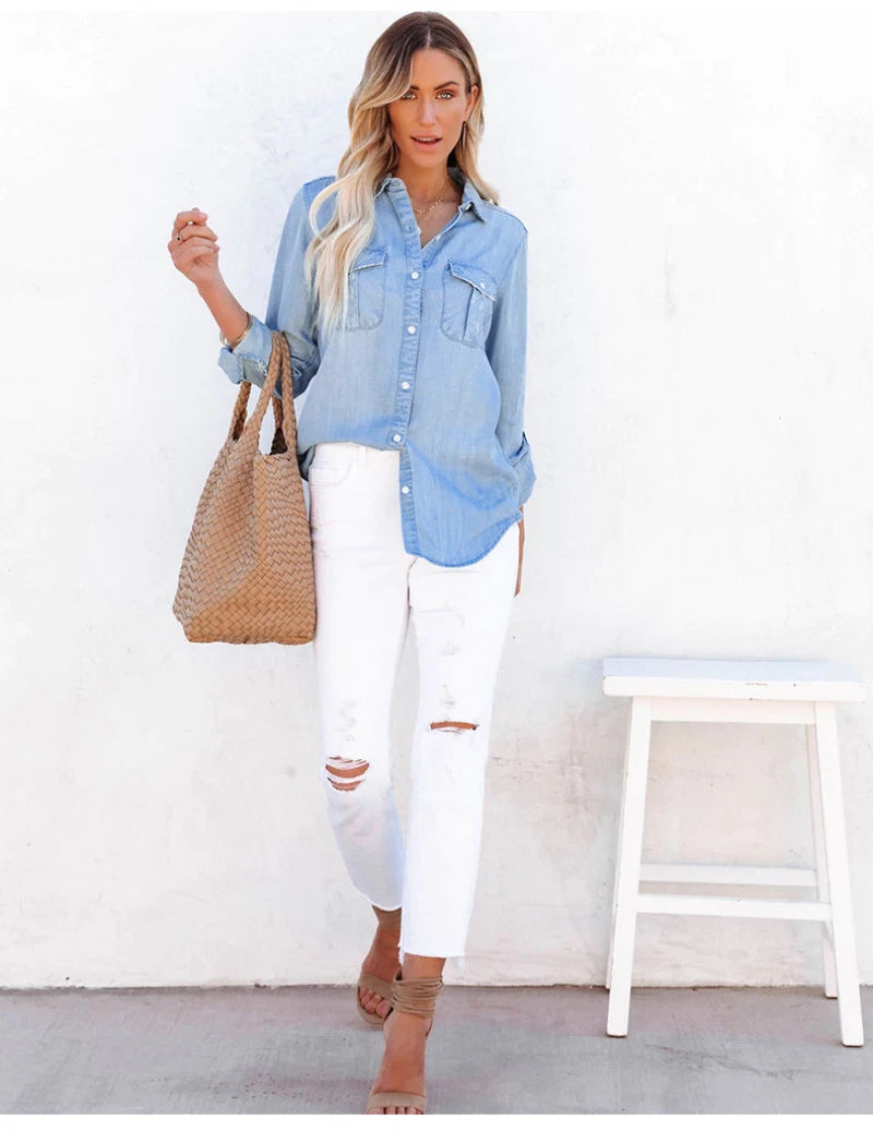 Light Blue Button-Up Women Denim Shirt