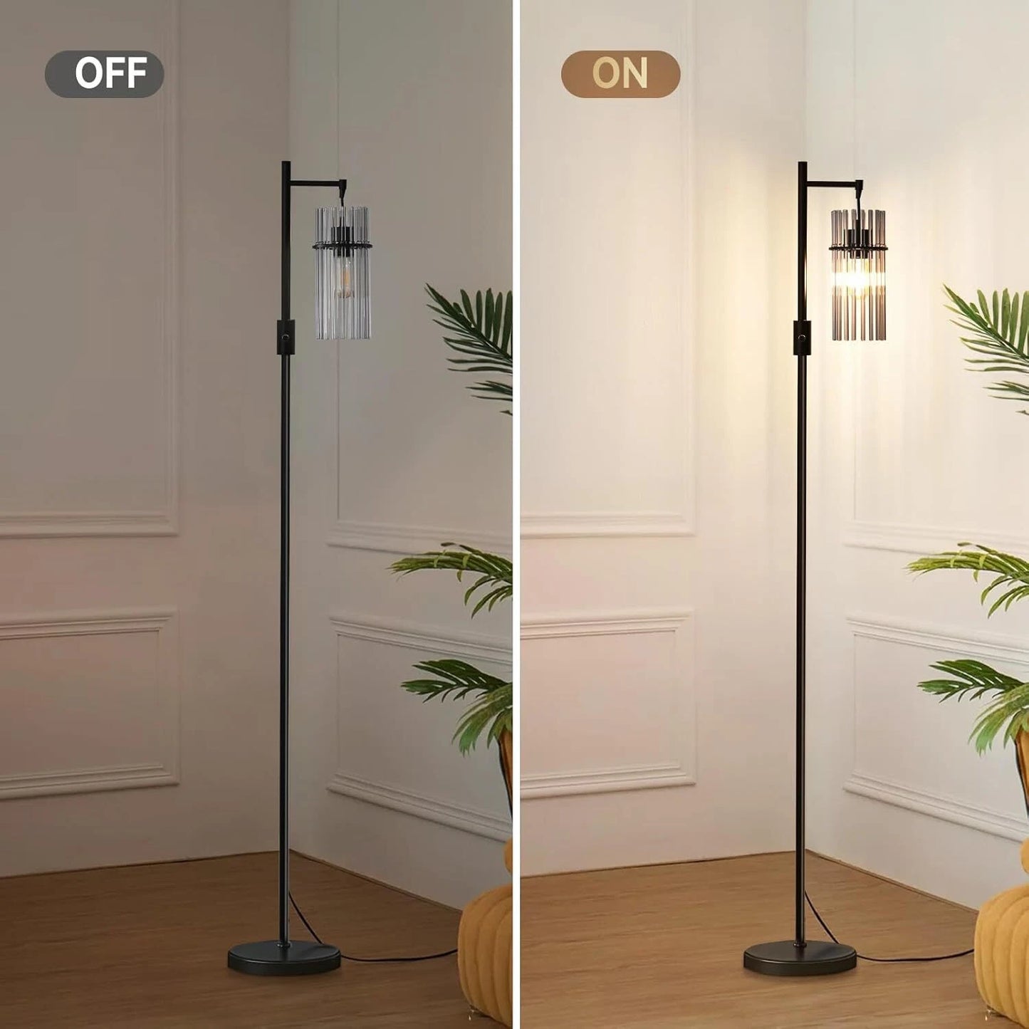 Industrial Style Black Floor Lamp with Dimmable Glass Shade for Living Room