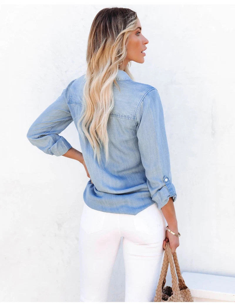 Light Blue Button-Up Women Denim Shirt