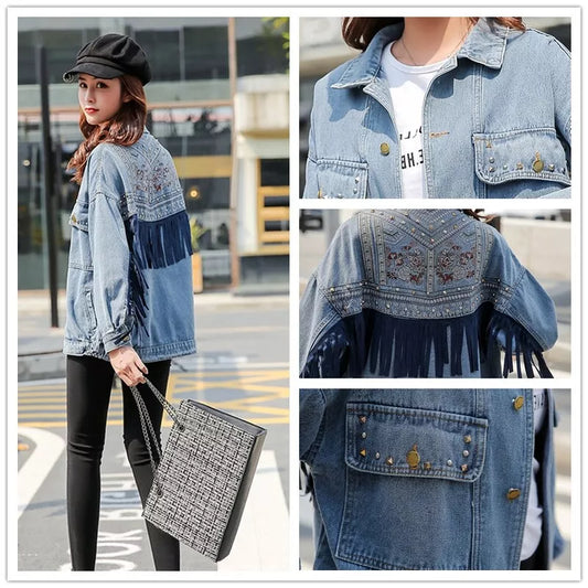Women Cowgirl Denim Jacket with Fringe Rivets