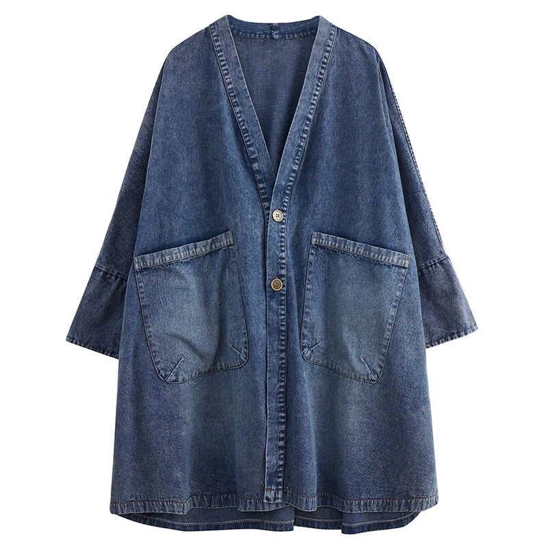 Denim Trench Coat Jacket Jean Mid-length Oversize Coat