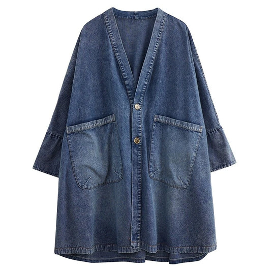 Denim Trench Coat Jacket Jean Mid-length Oversize Coat
