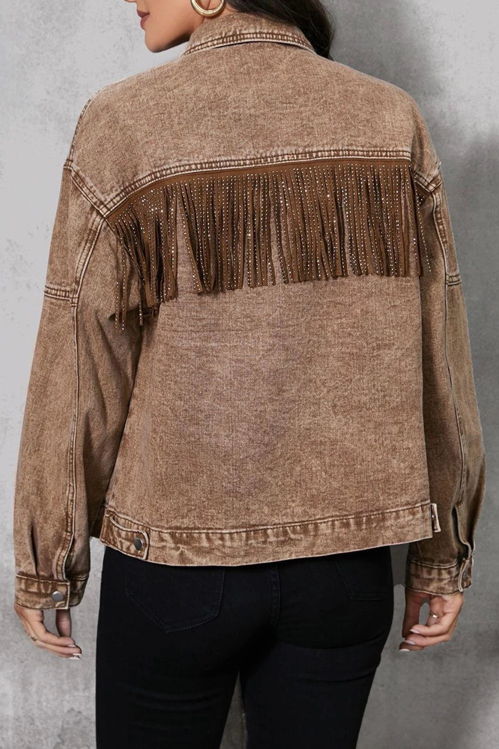 Western-Inspired Brown Denim Jacket with Tassel
