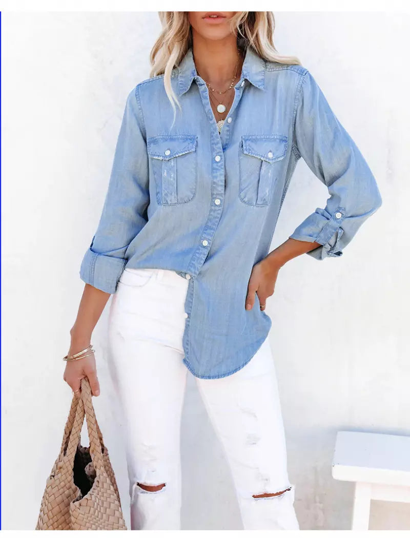 Light Blue Button-Up Women Denim Shirt