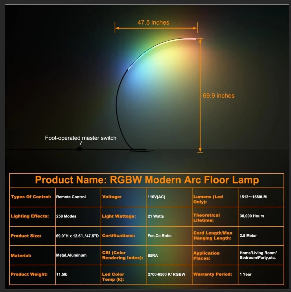 Black Arc Floor Lamp Modern Curved LED Light