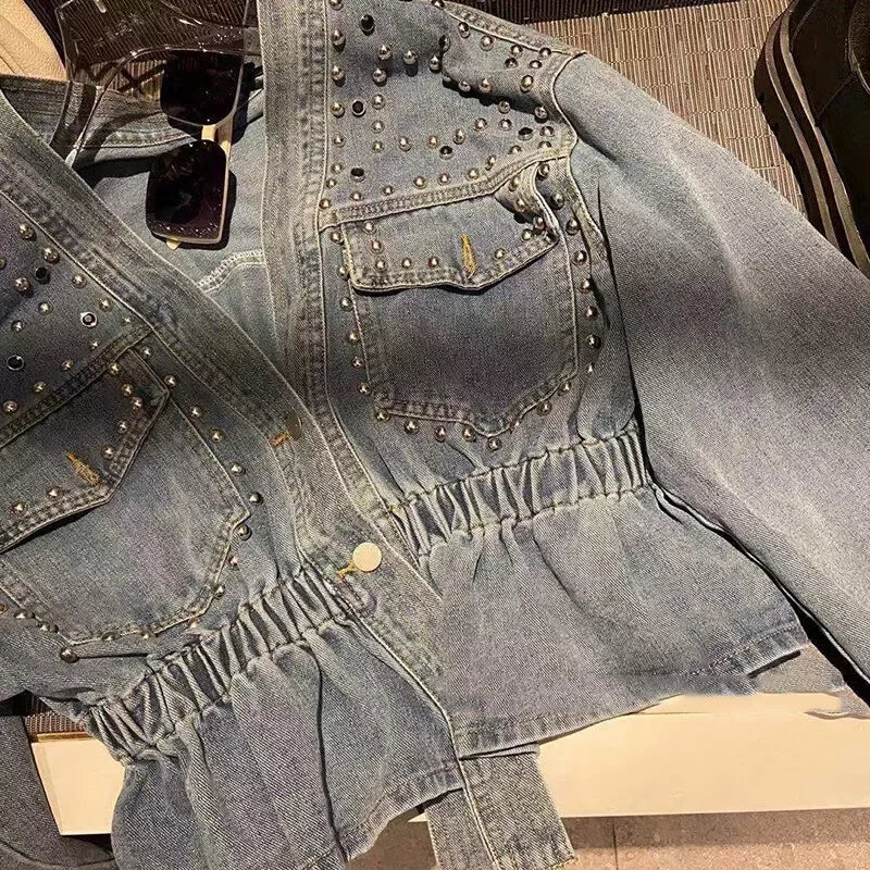 Long Sleeve Jean Jacket Denim with Rivets