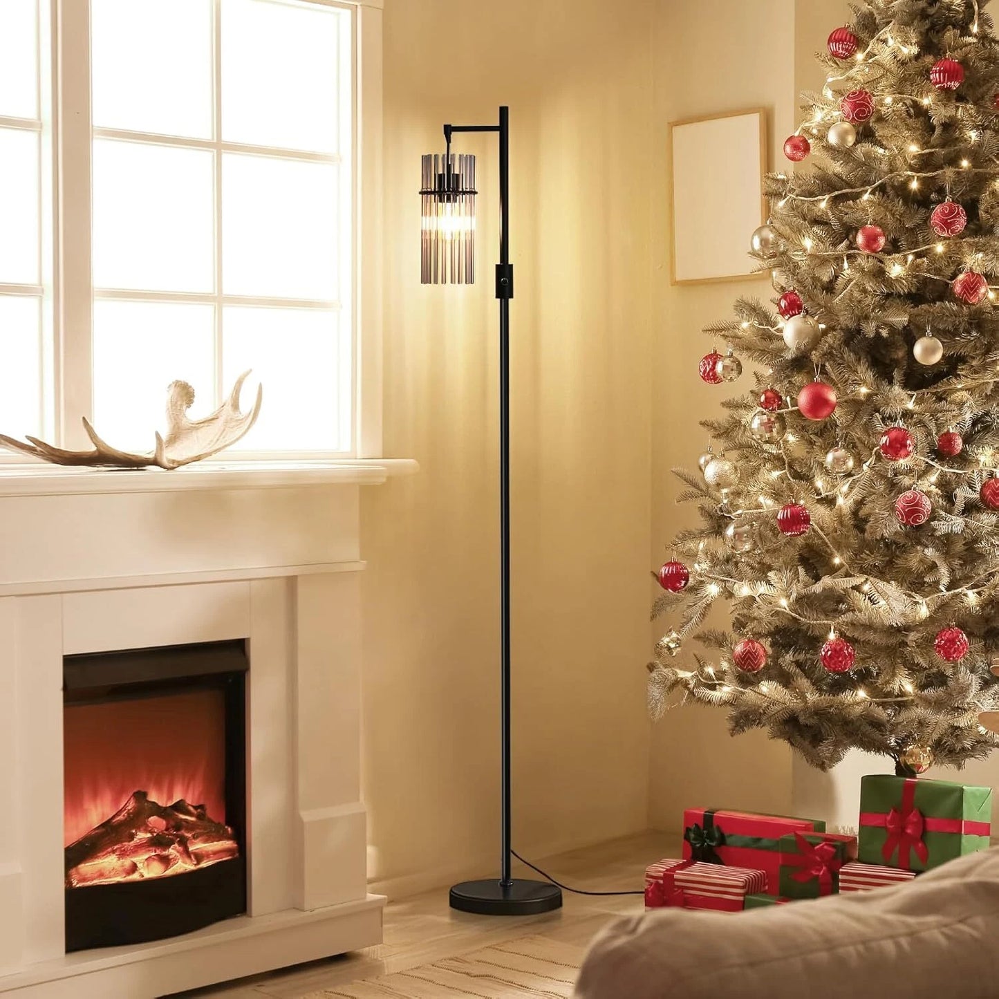 Industrial Style Black Floor Lamp with Dimmable Glass Shade for Living Room