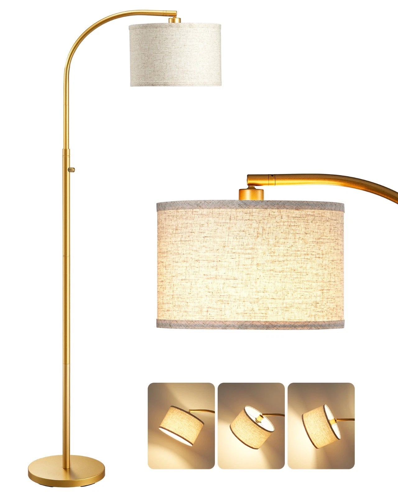 Modern Curved Gold Arc Floor Lamp with Linen Shade
