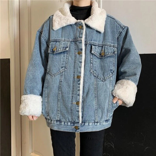 Oversized Faux Fur Lined Denim Jacket for Women