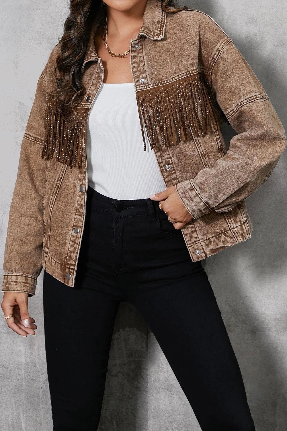 Western-Inspired Brown Denim Jacket with Tassel