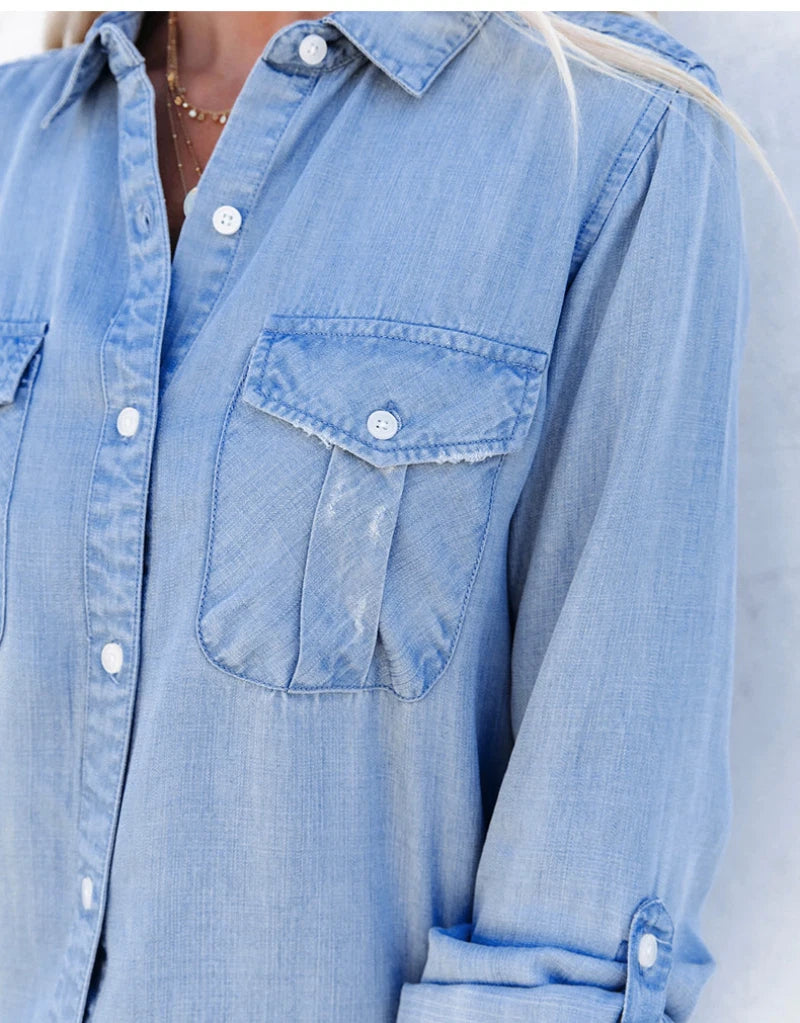 Light Blue Button-Up Women Denim Shirt