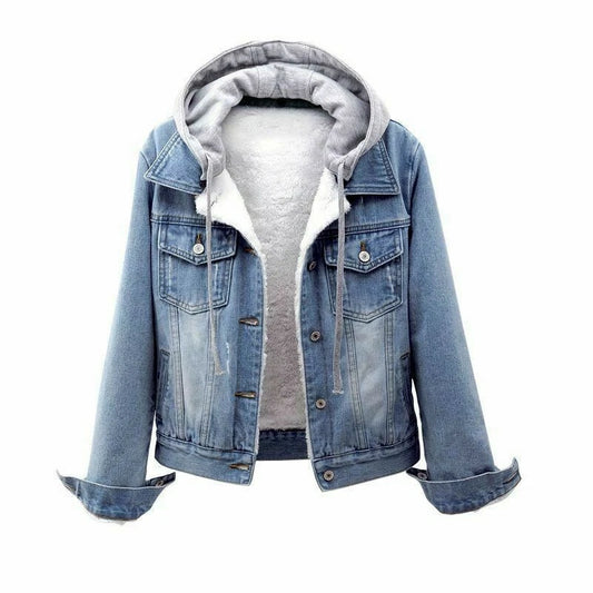 Retro Blue Fur Lined Jean Jacket with Hoodie