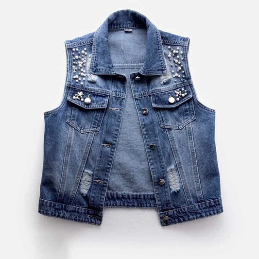 Women's Sleeveless Beaded Denim Vest Jacket