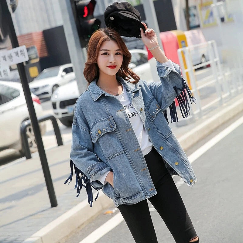 Women Cowgirl Denim Jacket with Fringe Rivets