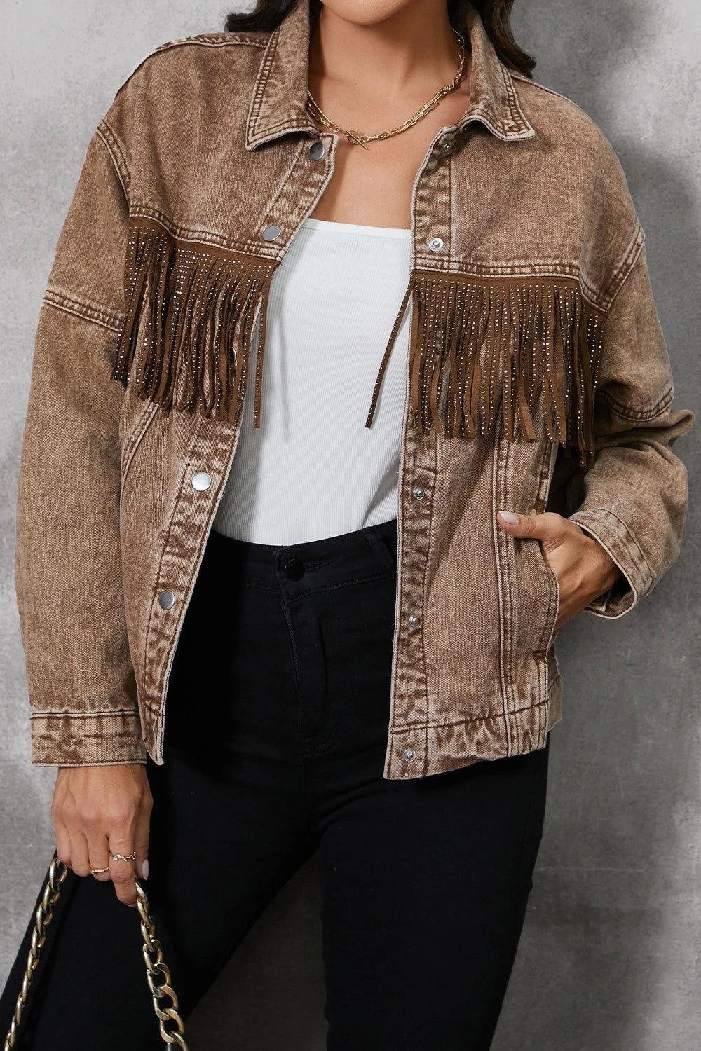 Western-Inspired Brown Denim Jacket with Tassel