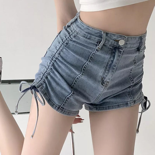 Side Drawstring Denim Jean Shorts