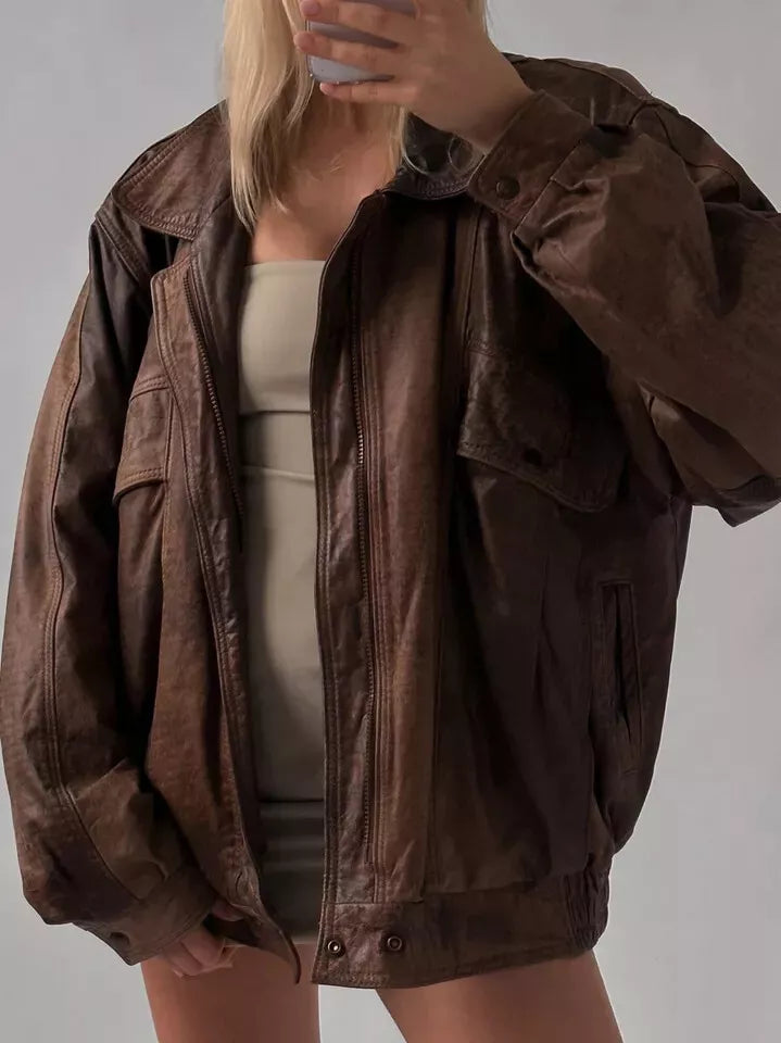 Real Leather Brown Oversized Jacket