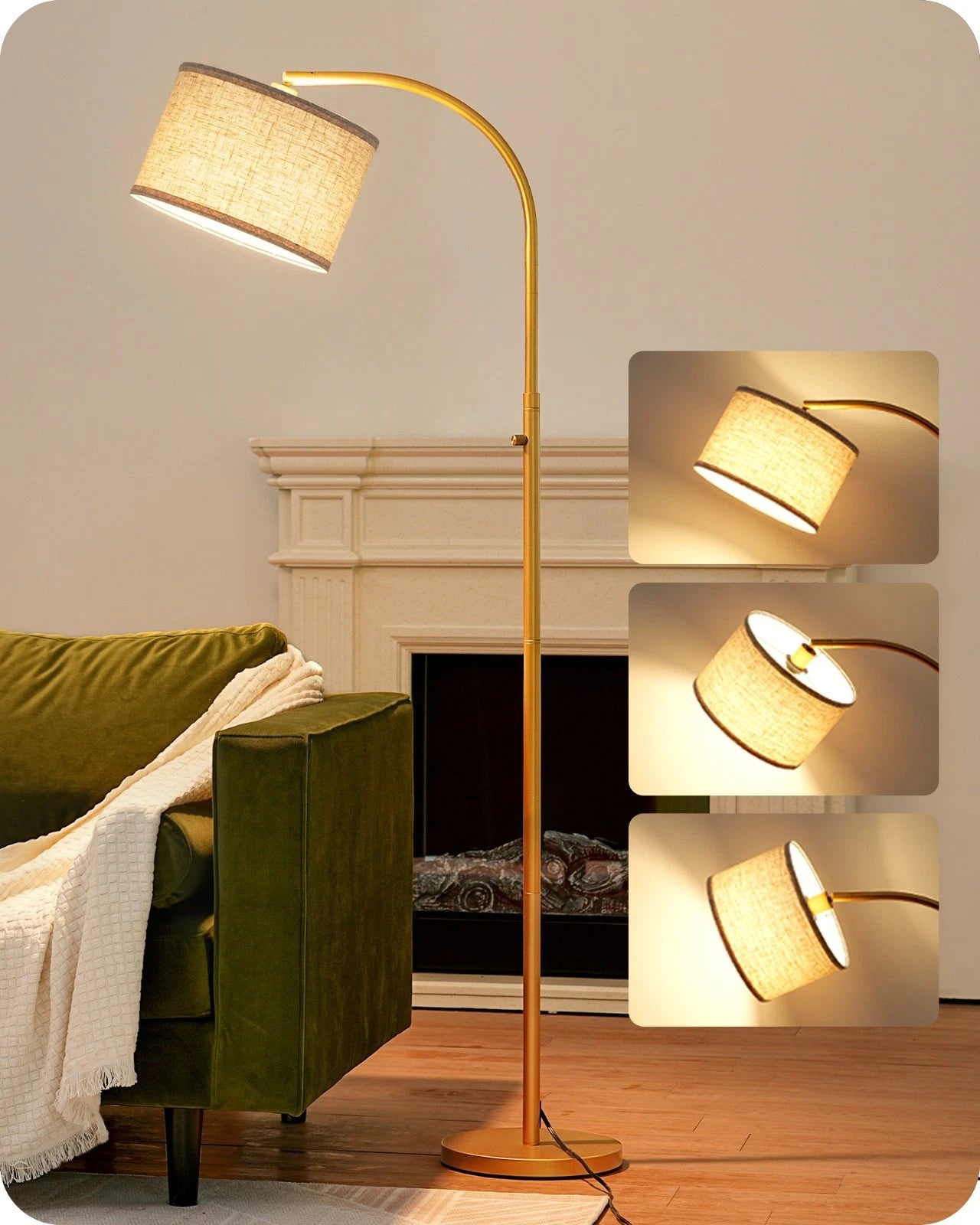 Modern Curved Gold Arc Floor Lamp with Linen Shade