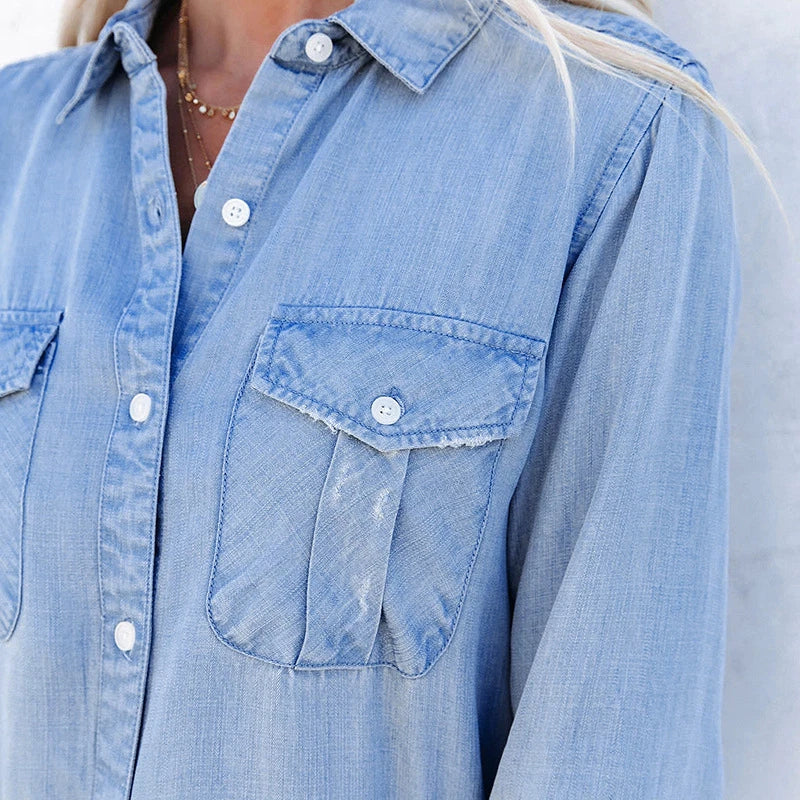 Light Blue Button-Up Women Denim Shirt