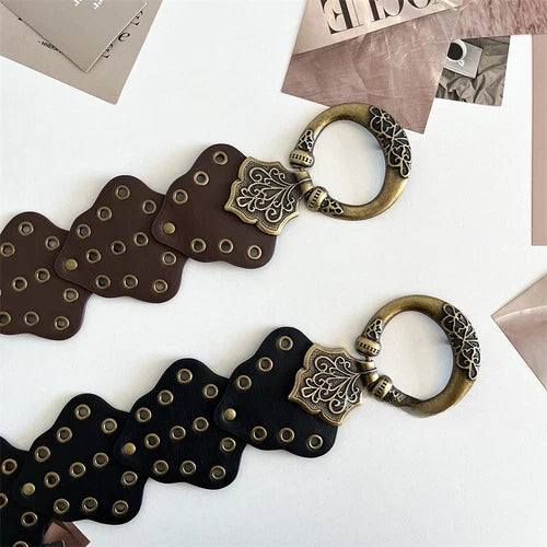 Women's retro rivets wide faux leather belt