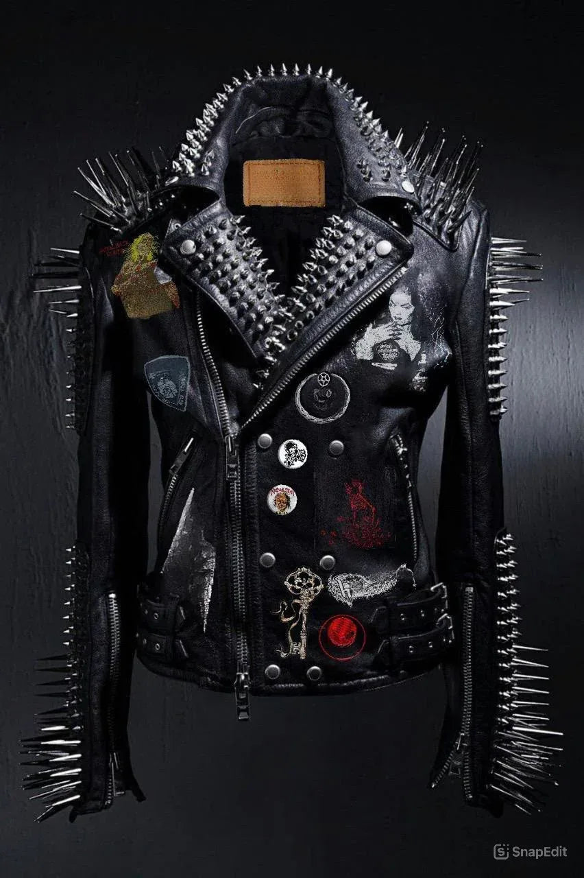 gear leather jacket Long Spiked Studded Gothic Men Leather Jacket