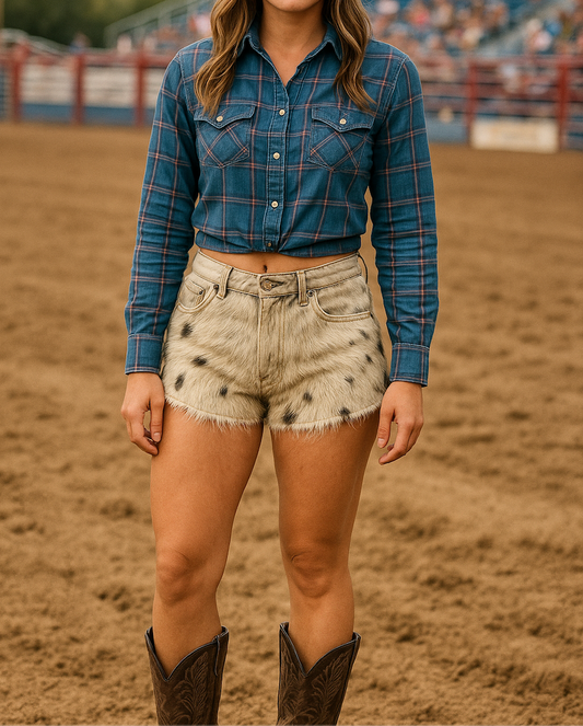 Western cowhide shorts for women made from real hair-on-hide, perfect for rodeo events, country music fests, travel looks, and southern wedding outfits.