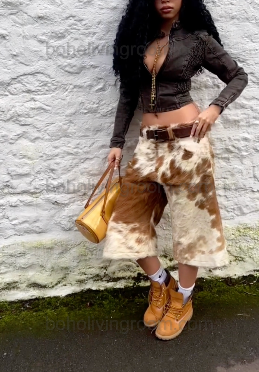 Stand out in brown and white cowhide shorts for women—perfect for concerts, ranch wear, and country living looks.