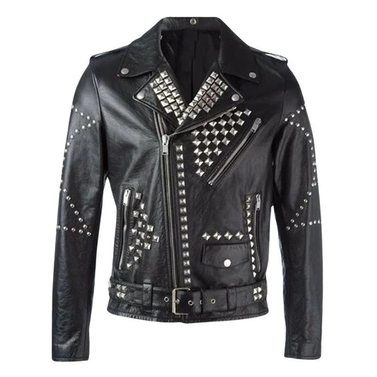 punk rock biker leather jacket studded with belt