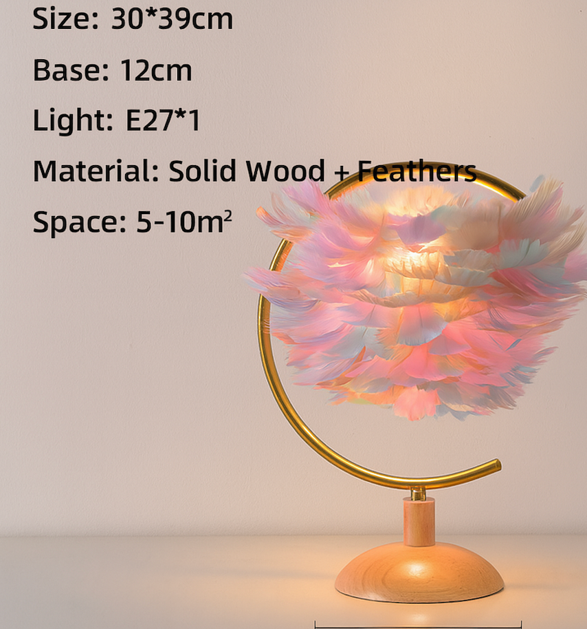 Feather Table Lamp for Bedroom with Wooden Base