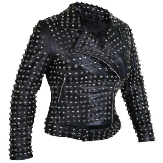 women's punk rock black leather studded jacket