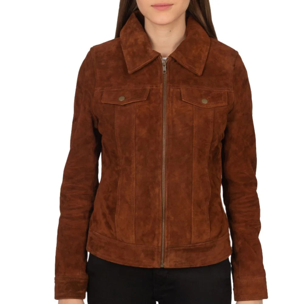 Women Brown Suede Trucker Jacket