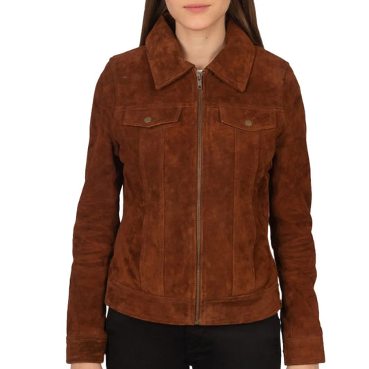 Women Brown Suede Trucker Jacket