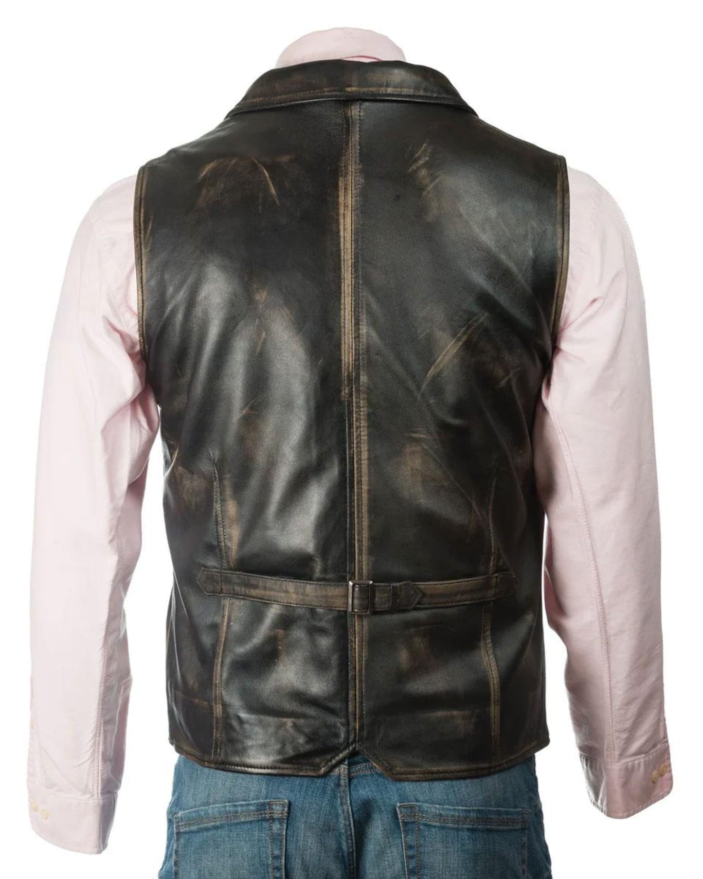 Close-up of a classic waxed leather vest for men, featuring sleek stitching and durable material.