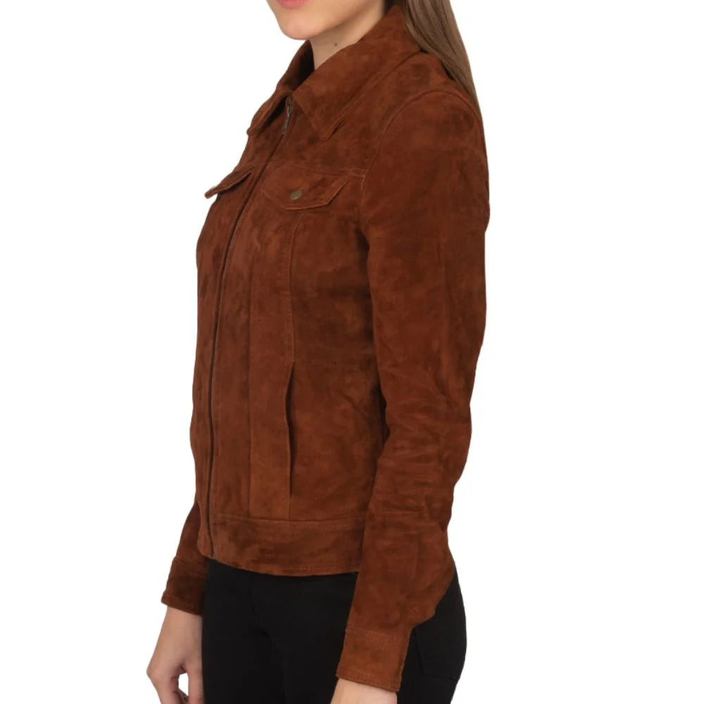 Women Brown Suede Trucker Jacket