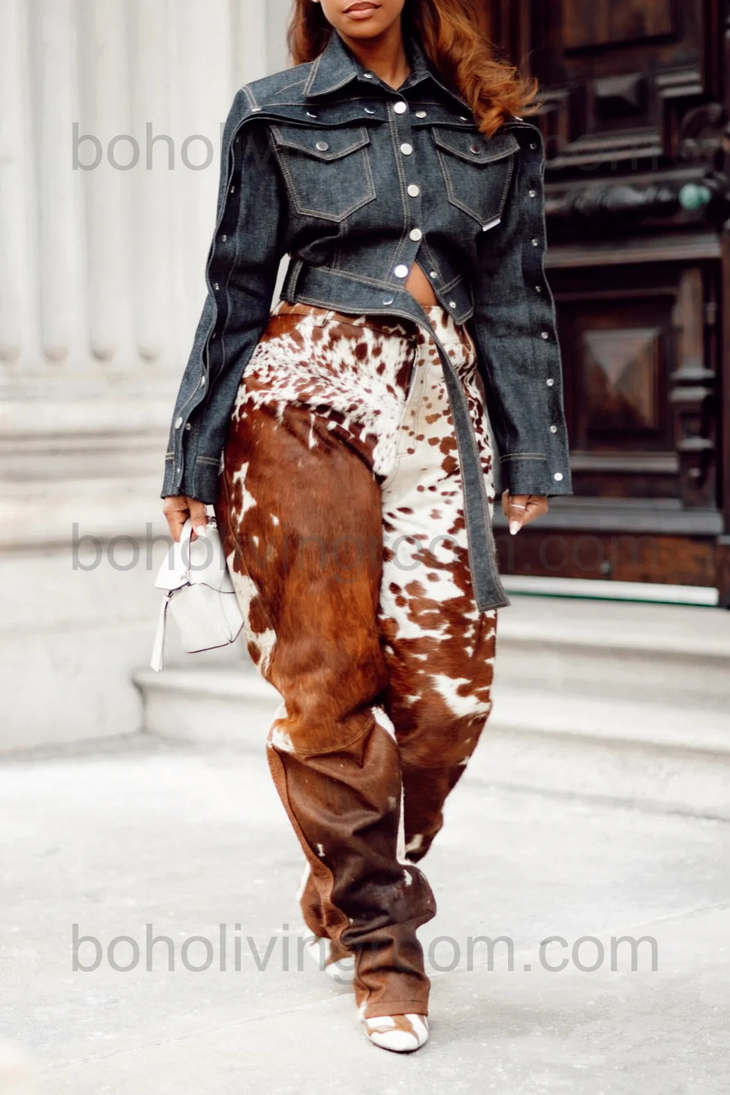 Brown and white cowhide pants with real cow print for women. Great for country girl looks, southern events, and rodeo fashion. Free shipping, custom sizes available.