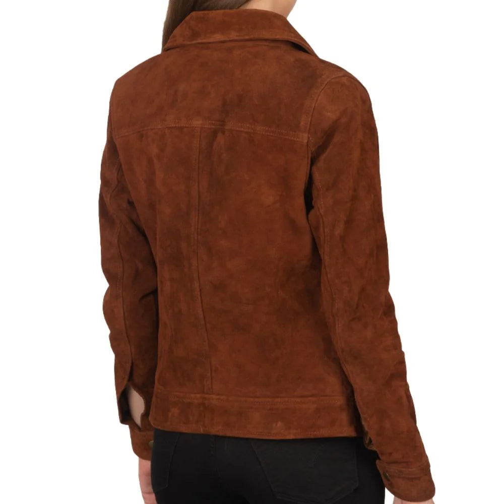 Women Brown Suede Trucker Jacket
