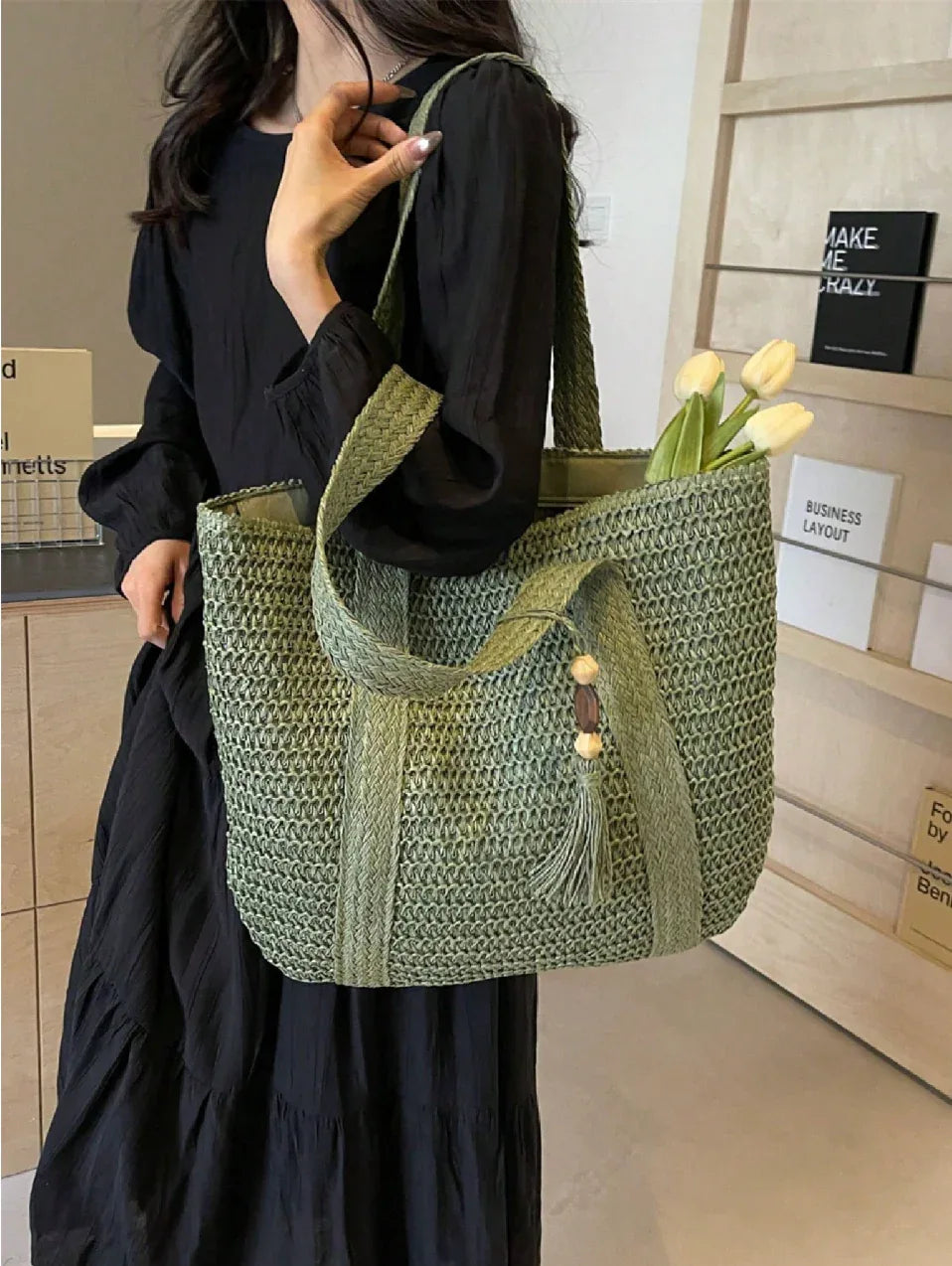 Woven Straw Beach Tote Bag With Tassel Green